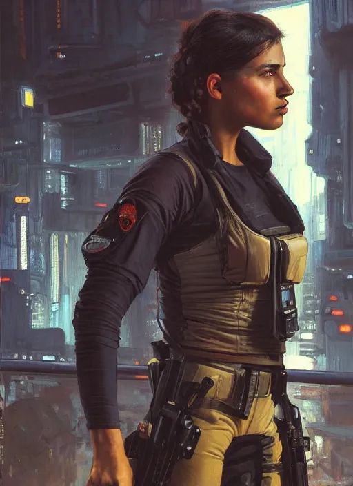 Image similar to 👩🏾🏭. cyberpunk police trooper in a military vest ( blade runner 2 0 4 9, cyberpunk 2 0 7 7 ). orientalist portrait by john william waterhouse and james gurney and theodore ralli and nasreddine dinet, oil on canvas. cinematic, hyper realism, realistic proportions, dramatic lighting, high detail 4 k