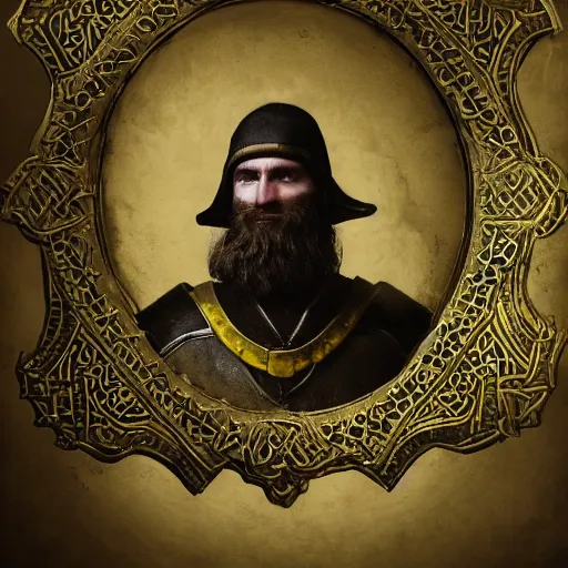 Prompt: Closeup of frustrated and acerbic male medieval sergeant with (beard) wearing a {black and yellow tabard} over a steel breastplate and a black gambeson no beard looking up from a map on a table, intricate, dramatic lighting illustration by Greg Rutkowski, {perfect face}, {perfect eyes}, fantasy