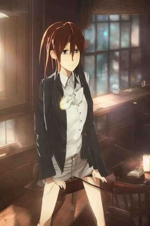 Prompt: Tonemapped Kurisu Makise by Akihiko Yoshida and Makoto Shinkai, with backdrop of Rembrandt Lighting