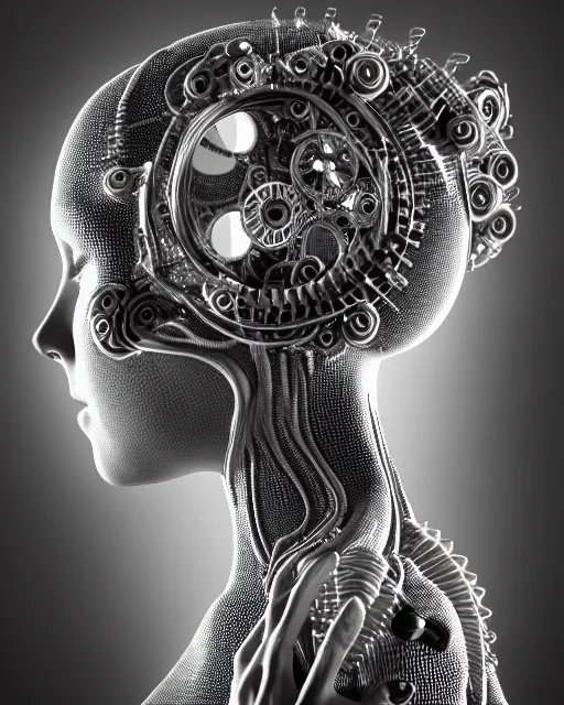 Image similar to mythical black and white organic bio-mechanical spinal ribbed profile face portrait detail of silver mechanical beautiful female angelic-vegetal-cyborg, highly detailed, intricate steampunk ornate, poetic, 3D render, digital art, octane render, 8K artistic photography, photo-realistic, by Dora Maar