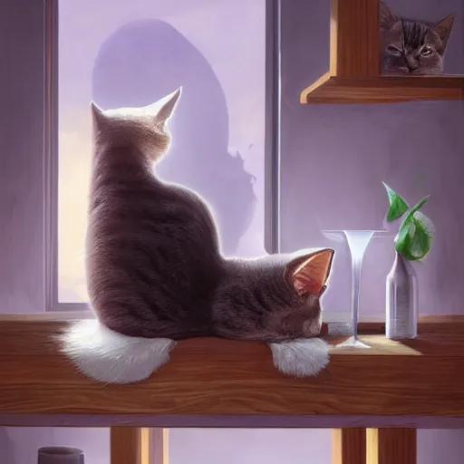 Prompt: cat drinking milk in a modern house concept art, sharp focus, digital art, Hyper-realistic, 4K, Unreal Engine, Highly Detailed, HD, Dramatic Lighting by Brom, trending on Artstation