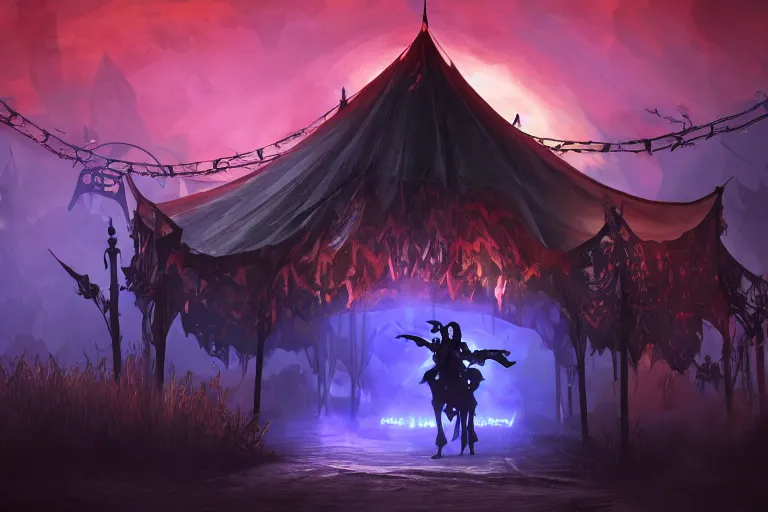 Image similar to render of a dark fantasy gothic circus tent, artstaton, League of Legends, red dead redemption2, overwatch, digital illustration