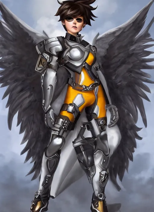 Prompt: full body artwork of tracer overwatch, wearing white steel armor outfit, in style of mark arian, angel wings, dramatic painting, wearing detailed leather collar, ornate highly detailed white shiny armor, chains, black harness, detailed face and eyes,