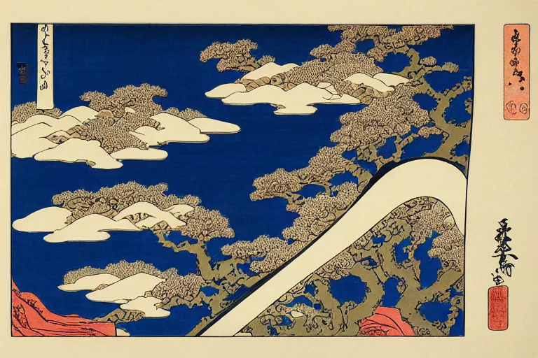 Image similar to a beautiful and hyperdetailed ukiyo - e drawing of a composition with irises by katsushika hokusai, in style by utagawa kuniyoshi and utagawa hiroshige, japanese print art, intricate, elegant, complex, illustration, clean 4 k