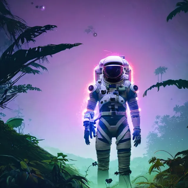Image similar to an astronaut with a skull head, surrounded by bio - luminescent, glowing peaceful serene sentient solarpunk, plants, fauna, deep jungle. in the style of horizon zero dawn, scattered glowing pink fireflies, by greg rutkowski, beeple, sharp focus, digital painting, concept art