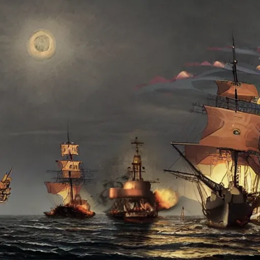 Prompt: warships battling with pirates from 17th century, very detailed, cinematic precision, award winning