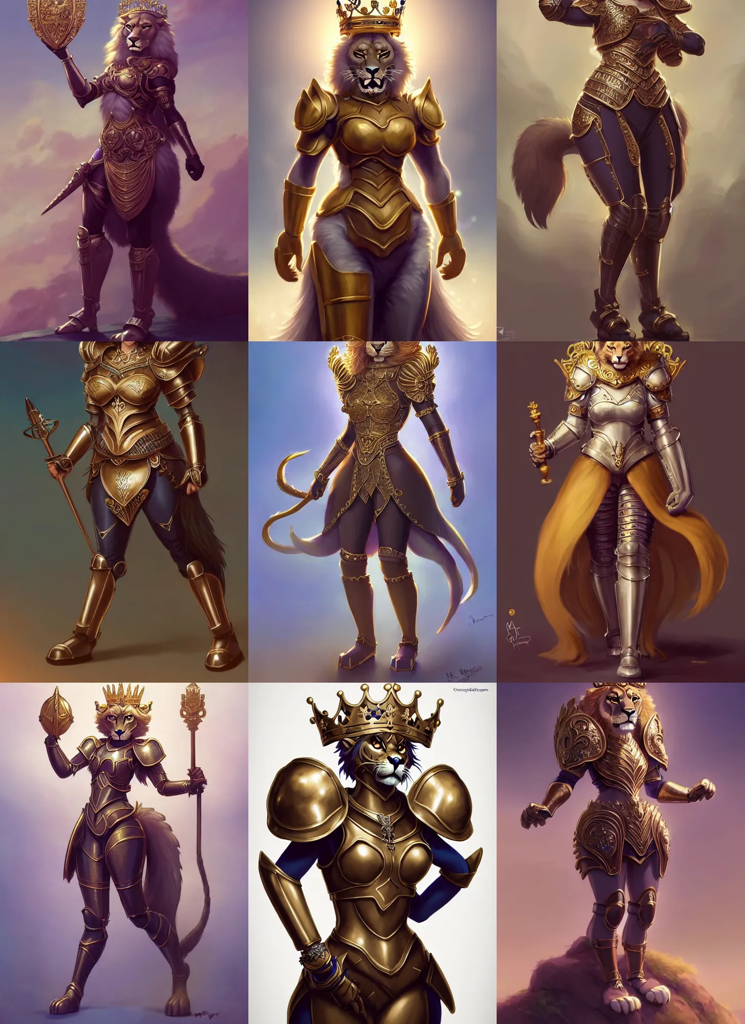 Prompt: beautiful full body portrait of a strong female anthropomorphic lioness fursona queen wearing curvy ornate plate armor and a crown. character design by disney, anime, manga, charlie bowater, ross tran, artgerm, and makoto shinkai, detailed, soft lighting, rendered in octane