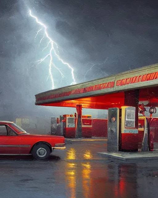 Image similar to a highly detailed epic cinematic concept art CG render digital painting artwork: Soviet gas station, lightning storm. By Greg Rutkowski, in the style of Francis Bacon and Syd Mead and Norman Rockwell and Beksinski, open ceiling, highly detailed, painted by Francis Bacon and Edward Hopper, painted by James Gilleard, surrealism, airbrush, Ilya Kuvshinov, WLOP, Stanley Artgerm, very coherent, triadic color scheme, art by Takato Yamamoto and James Jean