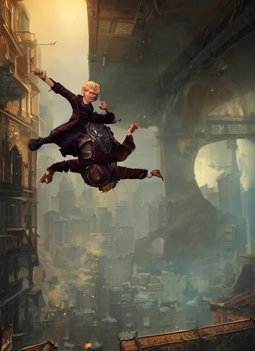 Image similar to An epic fantasy comic book style portrait painting of a young blonde boy thief flying out of a steampunk city, unreal 5, DAZ, hyperrealistic, octane render, cosplay, RPG portrait, dynamic lighting