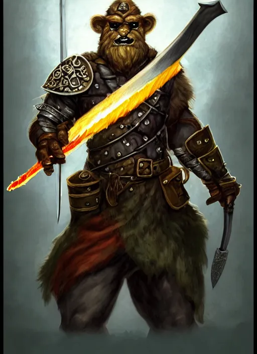 Image similar to strong young man, photorealistic bugbear ranger holding a flaming sword, black beard, dungeons and dragons, pathfinder, roleplaying game art, hunters gear, jeweled ornate leather and steel armour, concept art, character design on white background, by alan lee, norman rockwell, makoto shinkai, kim jung giu, poster art, colours red and green