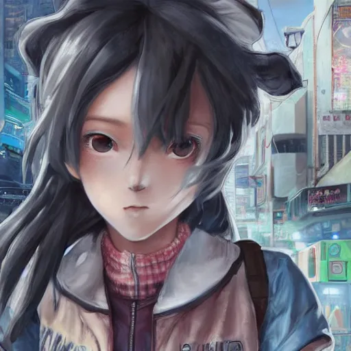 Image similar to dynamic composition, motion, ultra-detailed, incredibly detailed, a lot of details, amazing fine details and brush strokes, colorful and grayish palette, smooth, HD semirealistic anime CG concept art digital painting, watercolor oil painting of Clean and detailed post-cyberpunk sci-fi close-up schoolgirl in asian city in style of cytus and deemo, blue flame, relaxing, calm and mysterious vibes,, by a Chinese artist at ArtStation, by Huang Guangjian, Fenghua Zhong, Ruan Jia, Xin Jin and Wei Chang. Realistic artwork of a Chinese videogame, gradients, gentle an harmonic grayish colors. set in half-life 2, Matrix, GITS, Blade Runner, Neotokyo Source, Syndicate(2012), dynamic composition, beautiful with eerie vibes, very inspirational, very stylish, with gradients, surrealistic, dystopia, postapocalyptic vibes, depth of field, mist, rich cinematic atmosphere, perfect digital art, mystical journey in strange world