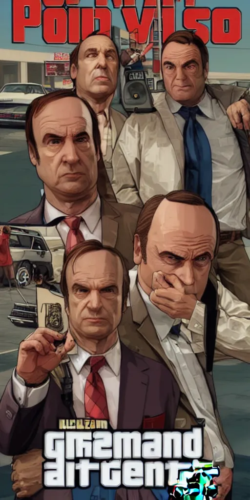 Image similar to GTA V cover art based on Better Call Saul, starring Saul Goodman, Bob Odenkirk