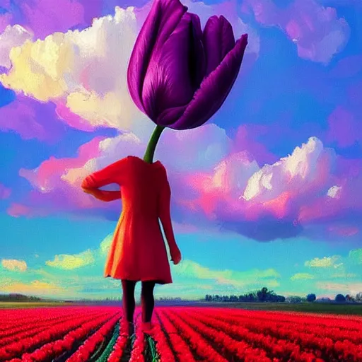 Image similar to girl with one single giant tulip as a head, surreal photography, flower field, sunset dramatic light, impressionist painting, colorful clouds, blue sky, digital painting, artstation, simon stalenhag