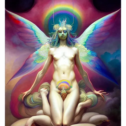 Prompt: psychedelic angelic celestial being artwork of peter mohrbacher, by henry fuseli, ayahuasca, frank xavier leyendecker, energy body, sacred geometry, esoteric art, rainbow colors, divinity detailed, realism, saturated colors,