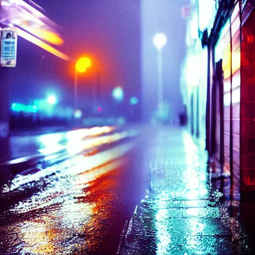 Prompt: rainy night city street, headlights, street lights, neon, reflections, cyberpunk vibe, photographic realism, ridley scott, driving rain, thick atmosphere, hazy, dim