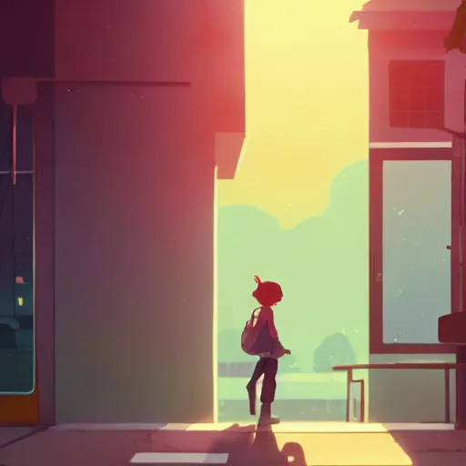 Image similar to walking out of town, lookin'for a better place, something's on my mind, always in my head space, cory loftis, james gilleard, atey ghailan, makoto shinkai, goro fujita, studio ghibli, rim light, exquisite lighting, clear focus, very coherent, plain background