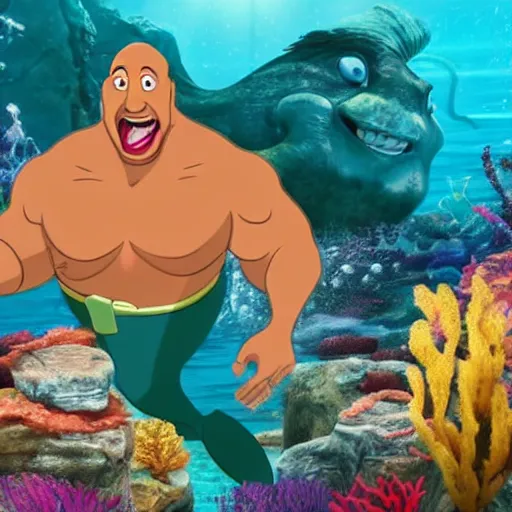 Image similar to dwayne johnson as a cartoon under the sea in the little mermaid