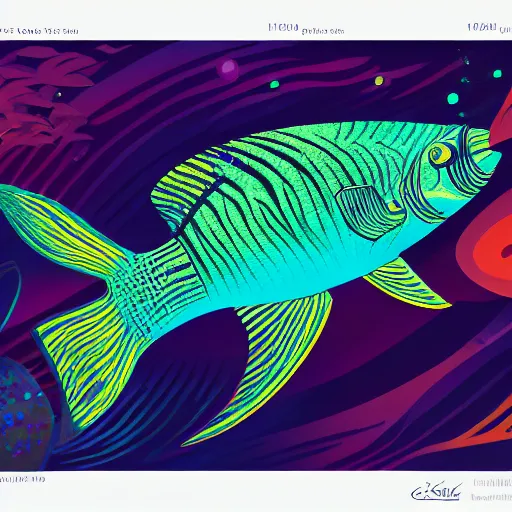 Prompt: one stylized fish with saturated colors viewed in profile in the dark ocean filled with complex sparkles and patterns, artstation, intricate, realistic, highly detailed, digital painting, concept art, sharp focus, 1 9 6 0 s, illustration by tom whalen and charles williams and kilian eng and james jean