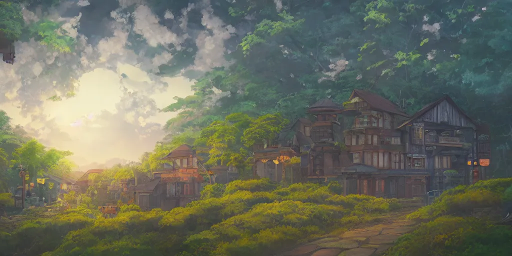 Prompt: The town of Honeywood, forest, cinematic angle, studio Ghibli, cinematic lighting, detailed oil painting, hyperrealistic, 8k