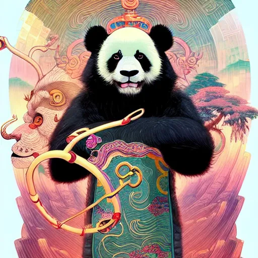 Image similar to a beautiful hyperdetailed character design 4 k wallpaper illustration of a cute panda with a chinese lion dance head victo ngai cyberpunk style, from china, style of studio ghibli, makoto shinkai, raphael lacoste, louis comfort tiffany, artgerm, james jean, ross tran, chinese style