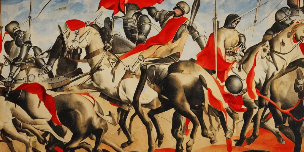 Prompt: italian futurism styled painting of a medieval knight cavalry charge