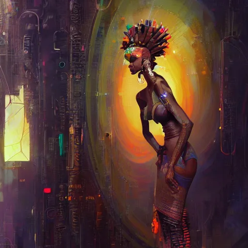 Prompt: an african queen activating her robotic third eye by greg rutkowski and android jones, cyberpunk voodoo, oil on canvas