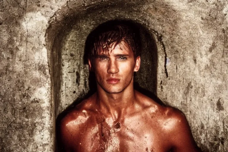 Prompt: a closeup cinematic!! headshot photograph!! of a male model wearing a ripped shirt, stood in a tunnel, rain, dirt, film still, cinematic lighting, by bill henson