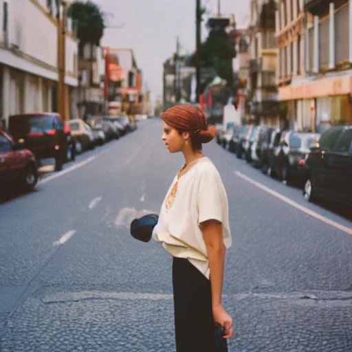 Image similar to portra 800 street photography woman staring into camera but she is a bit blurry because she is moving