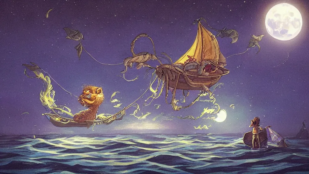 Image similar to a large!! surfacing!!! anglerfish!!!!! meets a lantern!! - holding!!!!! sailor!! on a ( sloop ), ( background with large full moon and purple sky ), in the styles of tom coletti, jorge jacinto, and thomas veyrat intricate, accurate details