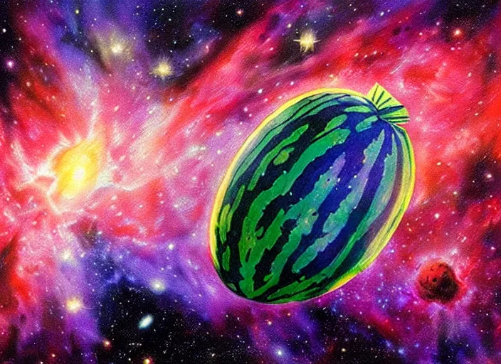 Image similar to watermelon in the deep space, galaxy nebula, abstract star patterns, space gas, myst, by robert mccall, nasa photo, hubble, comets, asteroids, artstation, hd, octane