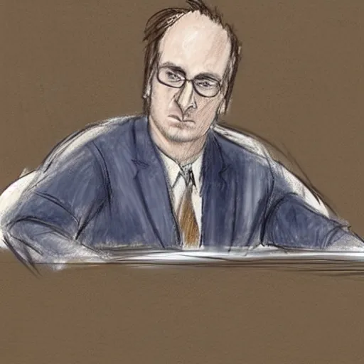 Prompt: court sketch of guilty prisoner bob odenkirk as saul goodman with trimmed mustache, wearing glasses, being cross - examined by lawyer during trial, sketch by marilyn church