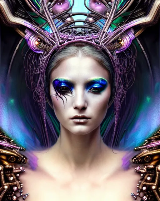 Prompt: hyperrealistic detailed portrait of a beautiful goddess in an iridescent cyber headdress, intricate cyberpunk make - up, art by android jones, john william godward, nekro borja, h. r. giger, gothic - cyberpunk,