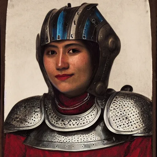 Prompt: head and shoulders portrait of a female knight, quechua!, lorica segmentata, cuirass, tonalist, symbolist, realistic, ambrotype, baroque, detailed, modeled lighting, vignetting, indigo and venetian red, angular, smiling, puma