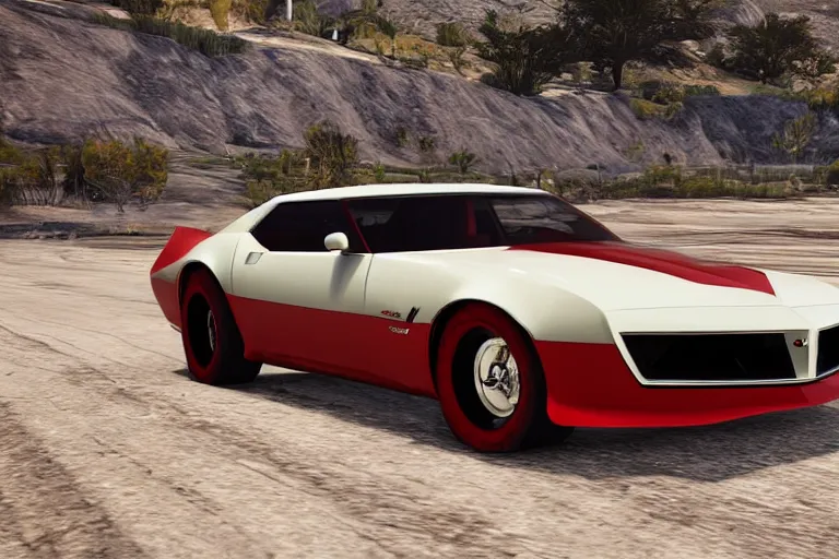 Image similar to updated sleek concept for a firebird trans am, cinematic, photoreal, by red dead redemption 2