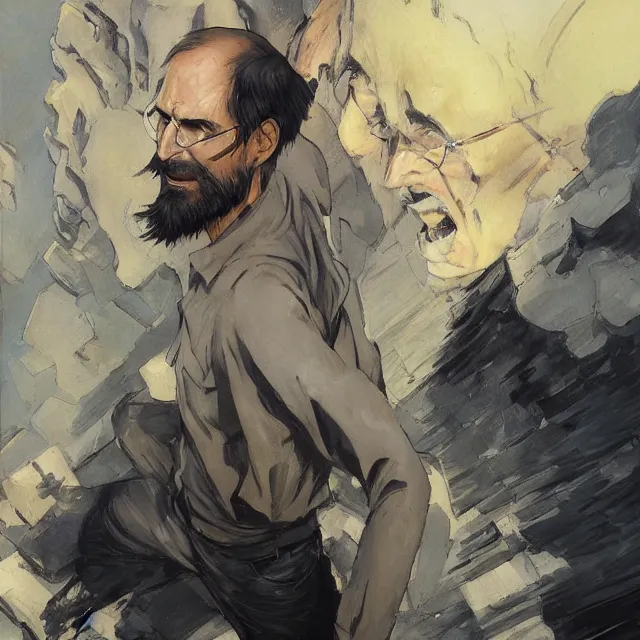 Prompt: steve jobs in attack on titan, art by konstantin korovin and daniel f. gerhartz and john howe