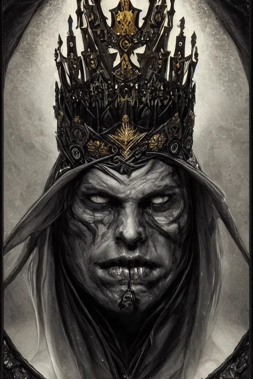 Prompt: centered portrait of the Shadow King wearing a crown formed out of shadows, cape, skull mask, realistic character concept, high fantasy, gothic, dark atmosphere, malice, black wisps, medium shot, symmetrical face, golden ratio, cinematic lighting, hyperdetailed, high resolution, insanely detailed and intricate, artstation, Marc Simonetti, Greg Rutkowski, octane render, 8k