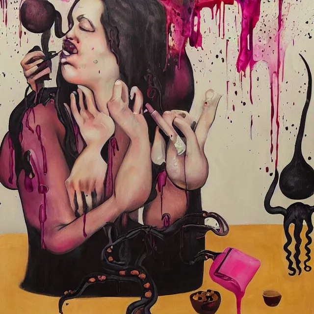 Image similar to sensual, a portrait in a female art student's bedroom, black walls, a woman drinking iced latte, pancakes, honey dripping, berries dripping, chocolate, surgical supplies, ikebana, octopus, neo - expressionism, surrealism, acrylic and spray paint and oilstick on canvas