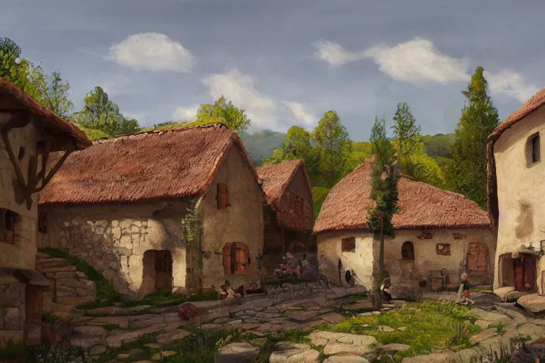 Image similar to a beautiful painting of a medieval village by alvar aalto, hd, very detailed, vivd, wide angle, trending on deviant art, trending on artstation.