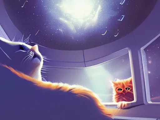 Image similar to cat in space station watching the stars trough a large window, digital painting, dramatic lighting, highly detailed, artstation, concept art