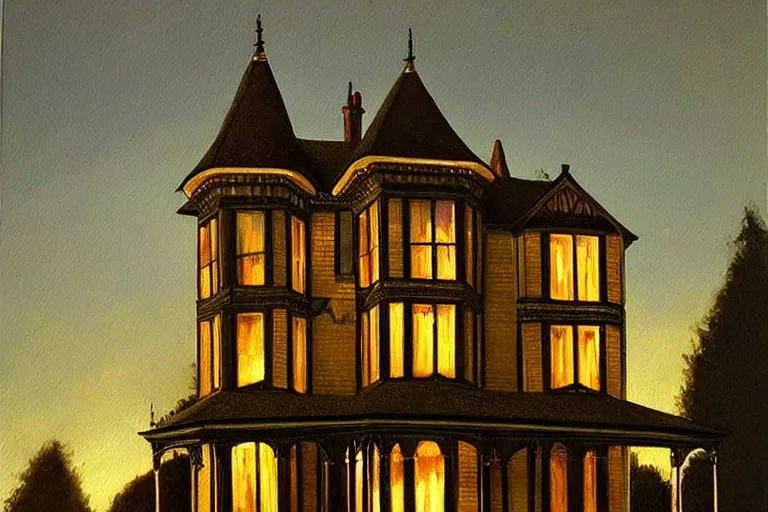 Image similar to a beautiful hyperrealistic painting of a victorian house with a tower at night, very detailed by samuel and joseph newsom, harry potter