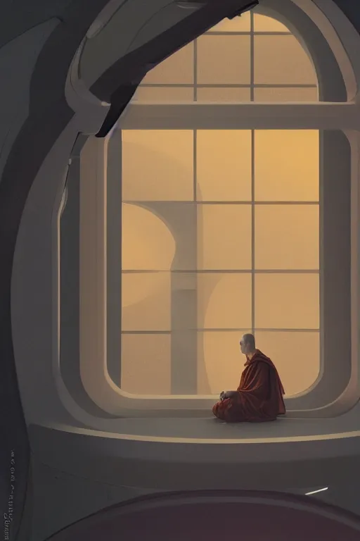 Image similar to portrait of a monk in a spaceship, looking out of a round window at nebula, orange robe, dramatic lighting, artstation, matte painting, ralph mcquarrie