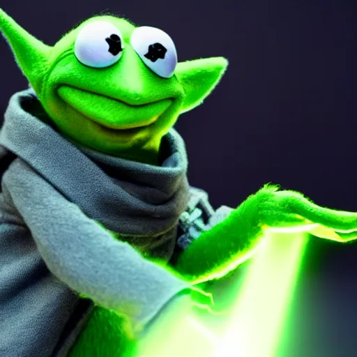 Image similar to action shot of kermit the frog as Yoda in Star Wars, dramatic light, god rays, very detailed