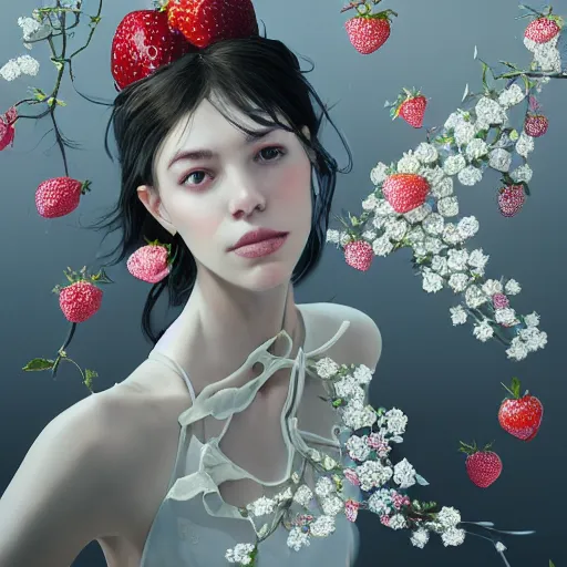 Image similar to the portrait of an absurdly beautiful, graceful, elegant, sophisticated, fashionable young woman made of strawberries and white petals with tears, an ultrafine hyperdetailed illustration by kim jung gi, irakli nadar, intricate linework, bright colors, octopath traveler, final fantasy, unreal engine 5 highly rendered, global illumination, radiant light, detailed and intricate environment