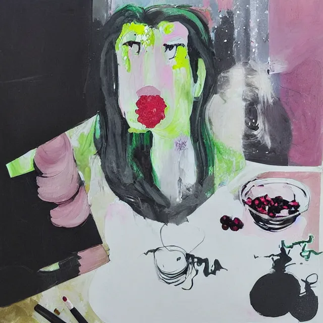 Image similar to “ a portrait in a female art student ’ s apartment, sensual, a pig theme, organic, art supplies, paint tubes, ikebana, herbs, a candle dripping white wax, black walls, squashed berries, berry juice drips, acrylic and spray paint and oilstick on canvas, surrealism, neoexpressionism ”