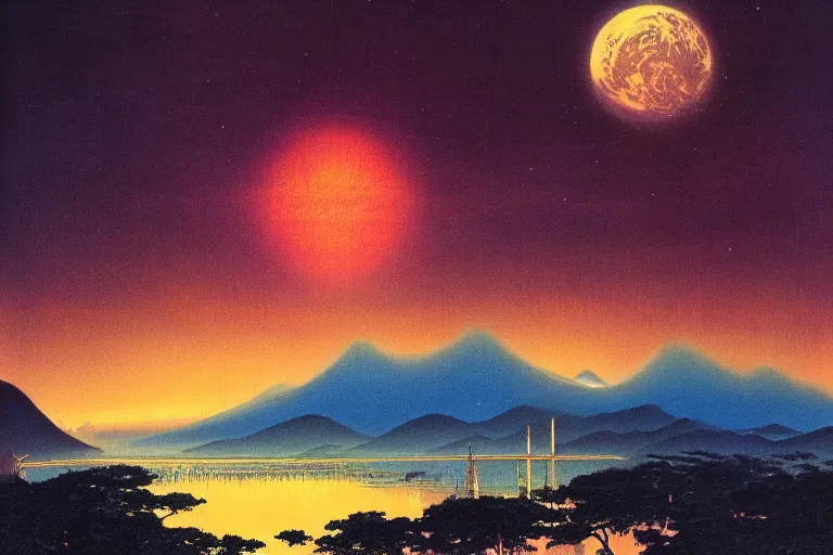 Image similar to awe inspiring bruce pennington landscape, digital art painting of 1 9 6 0 s, japan at night, 4 k, matte