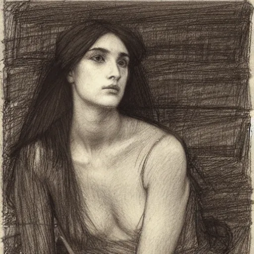 Prompt: pencil drawing of a woman, John William Waterhouse, Rossetti, John Everett Millais, serene, pre-Raphaelite, detailed, 19th-century