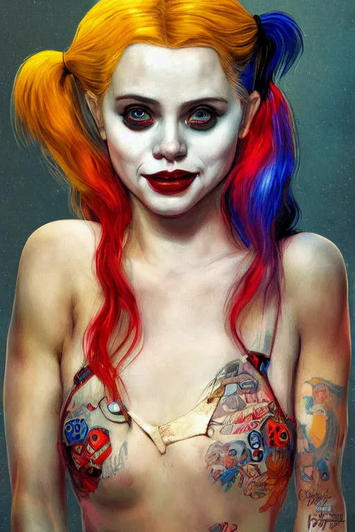 Prompt: portrait of beautiful young Harley Quinn maiden, highly detailed, artstation, illustration, art by Gustav Klimt