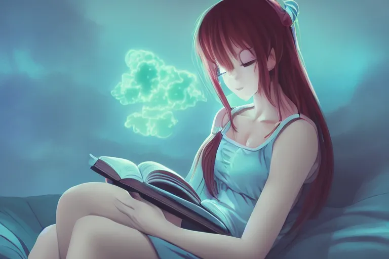 Image similar to a cute anime girl reading a book on a cloud relaxing, misty, glows, digital art, hazy, foggy, ambient lighting, 8 k, neon, synthwave,