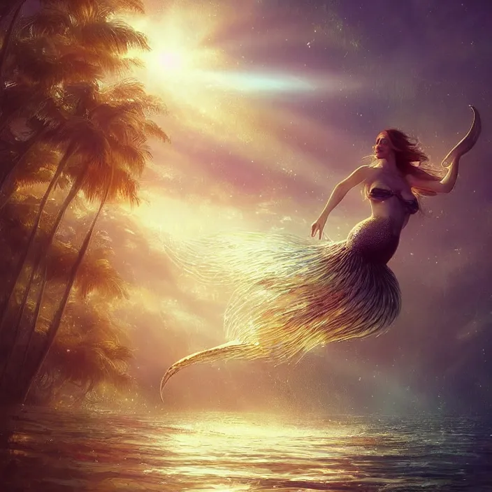 Image similar to gorgeous mermaid swimming underwater, golden hour, god rays, coral reef, dreamscape by artgerm and ruan jia and ismail inceoglu and greg olsen, cosmos, milky way galaxy, masterpiece, beautiful, intricate, elegant, highly detailed, palm trees