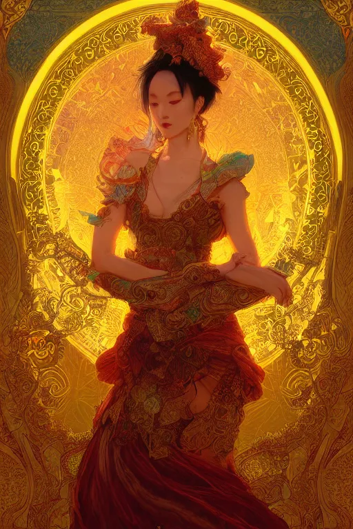 Image similar to tarot card artstation, portrait of an asian love dancer, sunrise, baroque ornamnet and rococo ornament, ancient chinese ornate, hyperdetailed, beautiful lighting, craig mullins, mucha, klimt, yoshitaka amano, red and gold and orange color palatte